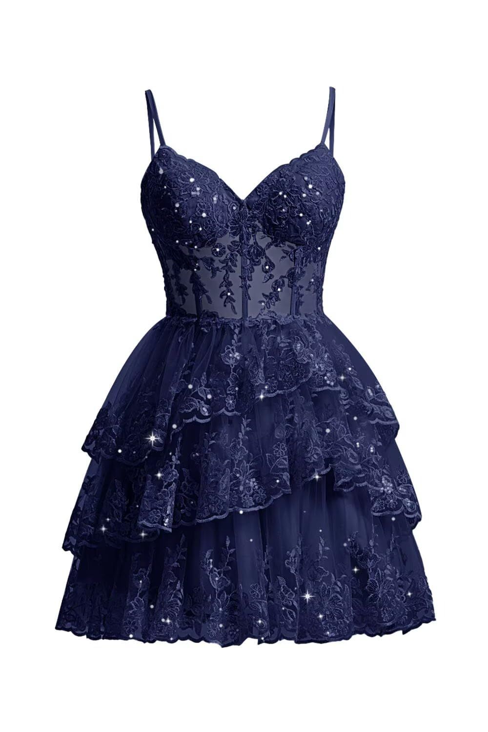 homecoming dresses_Wchecalino Sparkly Tiered Lace Tulle Homecoming Dresses Short 2026 Spaghetti Straps Formal Corset Party Gowns