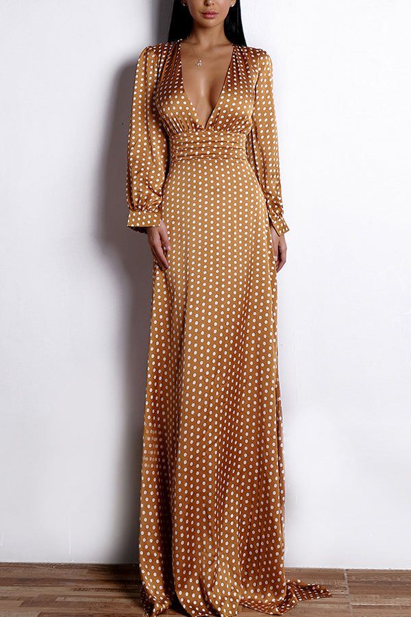 elegant dresses_Yellow A Line V Neck Long Sleeves Bohemian White Polka Dots Dress