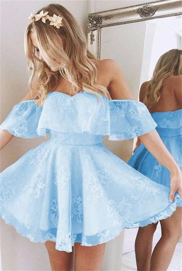 homecoming dresses_Short A Line Sweetheart Ruffles Off Shoulder Homecoming Dresses Cute Lace Prom Dresses