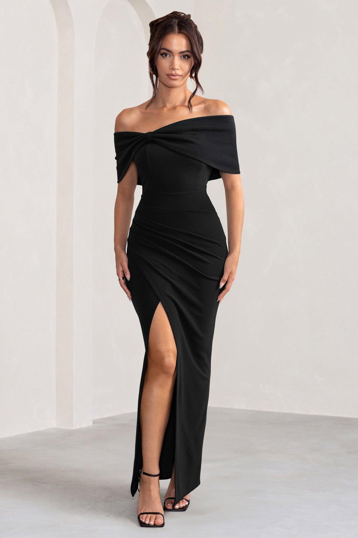formal dresses_Eva | Black Bardot Bow Detail Maxi Dress With Thigh Split - Formal & Chic - image 426 1766218854