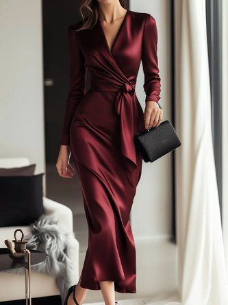 impress outfits_StyleWe Women Elegant Midi Dress Natural X-Line Cross Neck Sati... - Formal & Chic - image 4385 1766228400