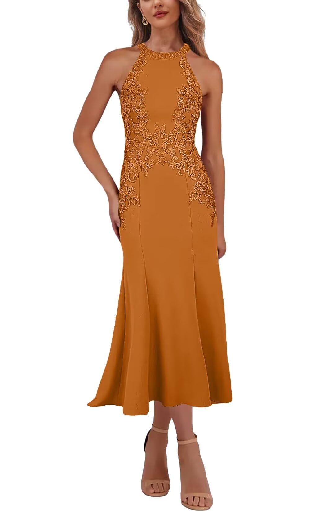 formal dresses_Tea Length Halter Mother of The Bride Dresses for Women Lace Mer... - Formal & Chic - image 442 1766218888