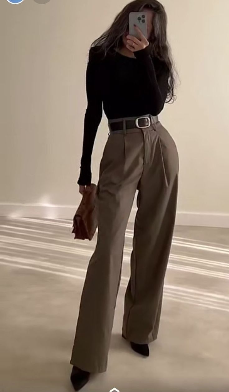 elegant outfits_Brown Wide Leg Women's Classic Suit Pants with Skinny Black Ful... - Classic & Elegant - image 5094 1766230637