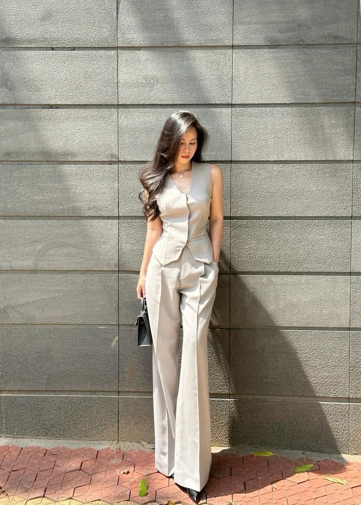 elegant outfits_Elegant Summer Solid Color Waistcoat And Pants Suit Set
