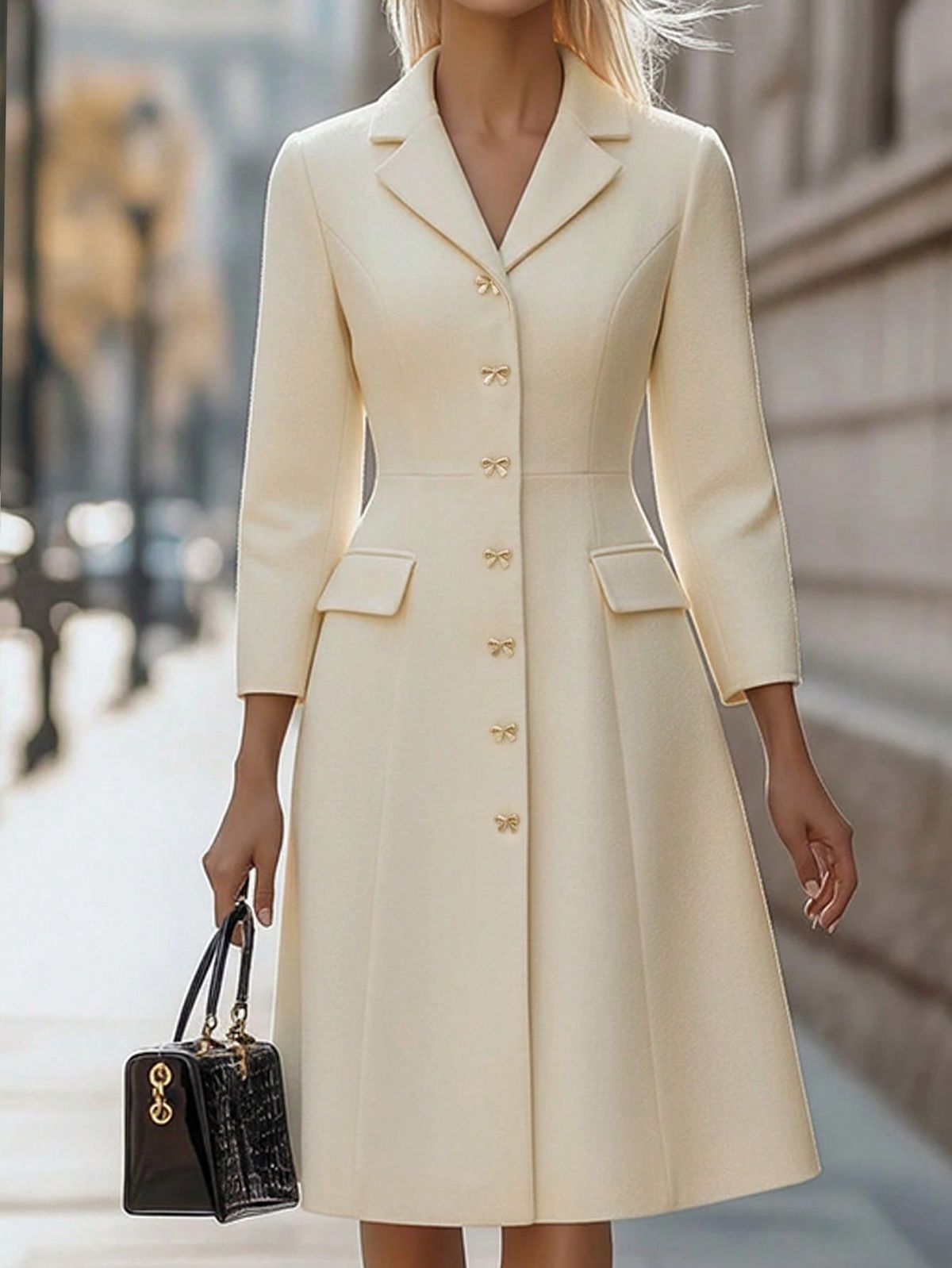 elegant outfits_Women's Elegant White Pocket Mandarin Collar Button Decor Mid-L... - image 5139 1766230747