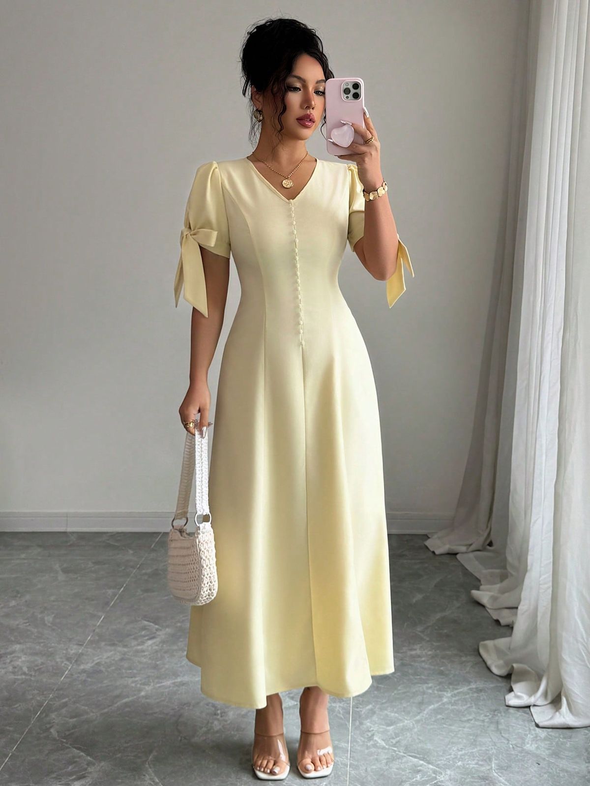 elegant outfits_Solid Color V-Neck Button Cuff Bowknot Elegant Women Long Dress - image 5277 1766231083