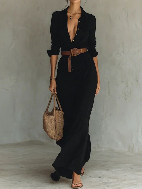elegant outfits_Long Sleeves Split-Joint Lapel Maxi Dresses Shirt Dress BLACK-S