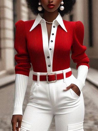 elegant outfits_Women Color Block Shirt Collar Sweater With Buttons & Puff Sleeve T-Line Regular For Chic Daily & Work Wear