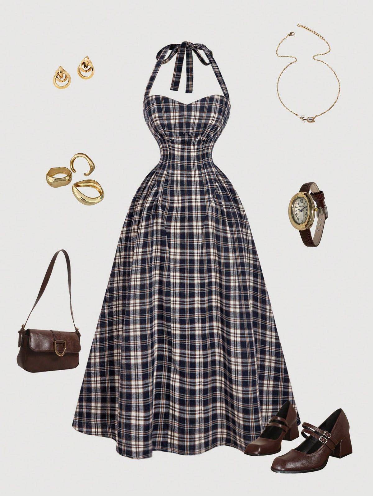 fancy outfits_Women's Blue Plaid Halter Neck Midi Dress,Christmas,New Year ,Elegant,Graduation ,Luxury ,Chic,Preppy,Retro Plaid  Plaid Dress Women, Checkered Dress, Retro Dresses For Woman, Halter Dress