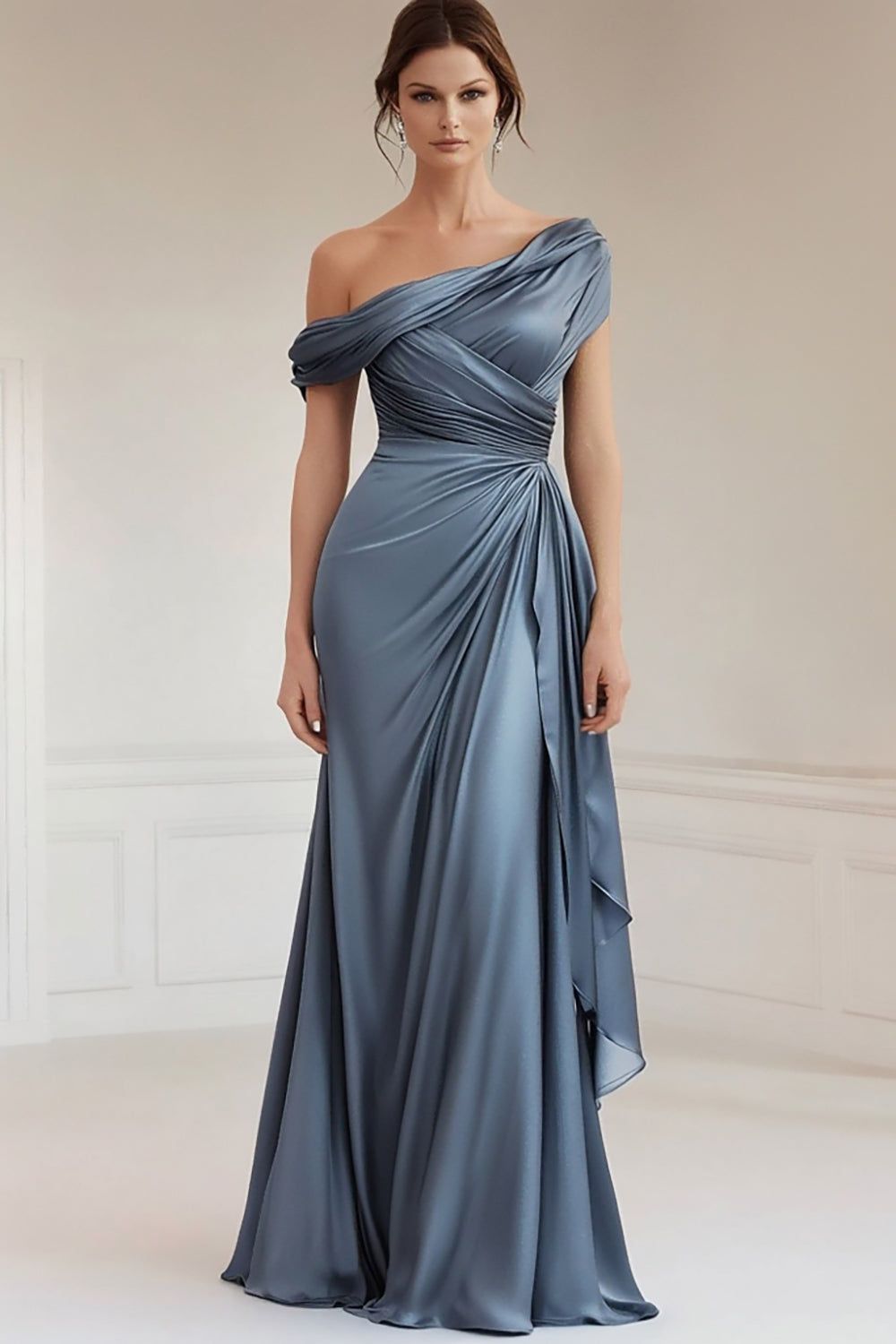 formal dresses_Mermaid Grey Blue One Shoulder Satin Ruched Mother Of Bride Dres... - image 768 1766219643