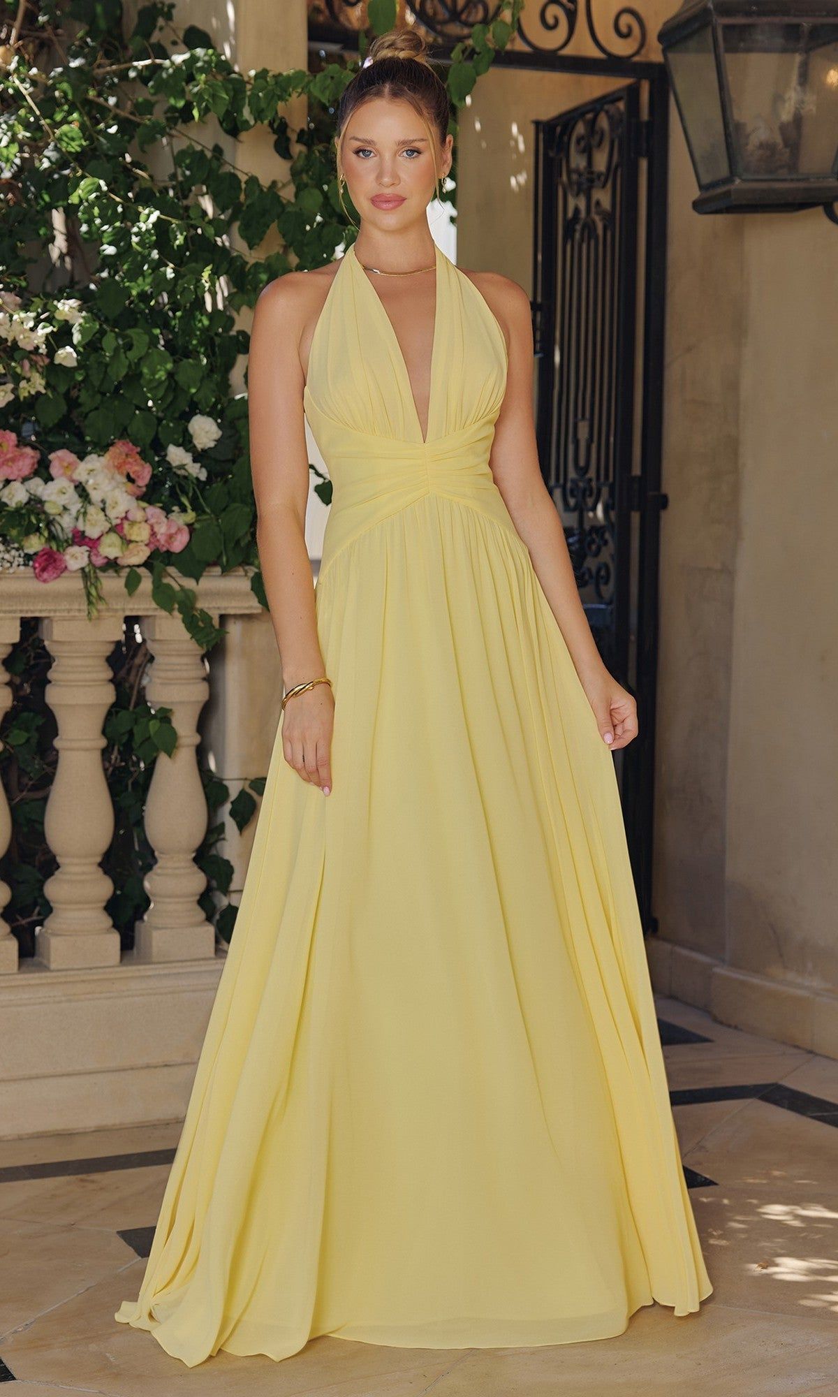 formal dresses_Long Chiffon Halter Prom Dress: Amoris T715 - Light Yellow / Small