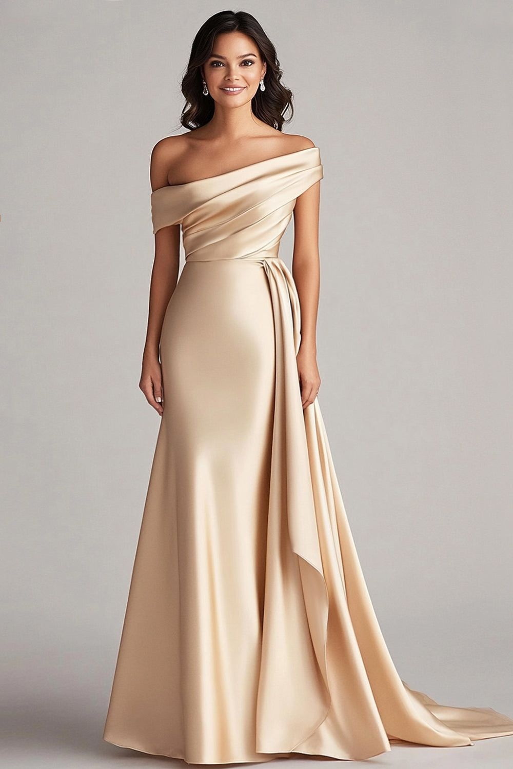 formal dresses_One Shoulder Pleated Champagne Sheath Long Formal Dress