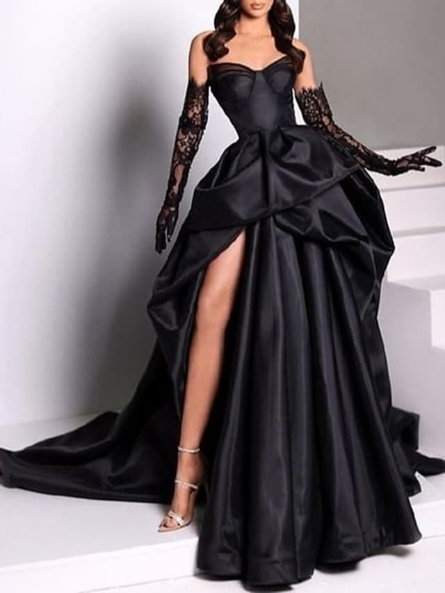 fancy dresses_A-Line Court Train Prom Dresses Evening Gown Ball Gown Formal Dress Vintage Gothic Black Sleeveless Strapless Wedding Halloween Satin with Slit Pure Color 2025 - $199.99