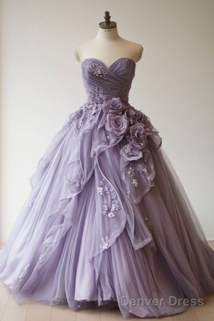 fancy dresses_Purple A-Line Sweetheart Tulle Applique Long Prom Dress Sweet Eve... - Sexy & Glamorous - image 857 1766219856