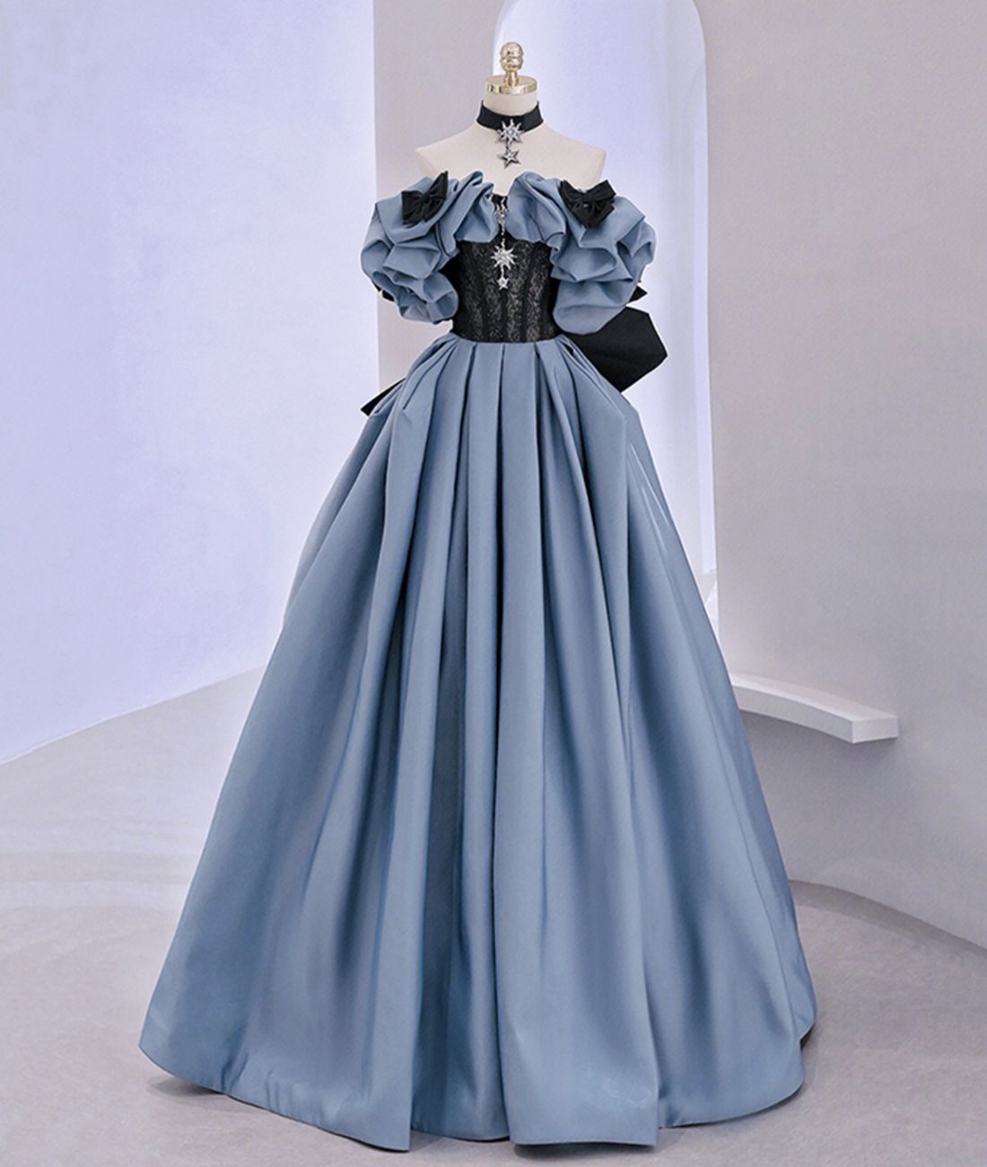 fancy dresses_Off Shoulder Satin Lace Long Prom Dress, Blue Evening Dress from Little Cute