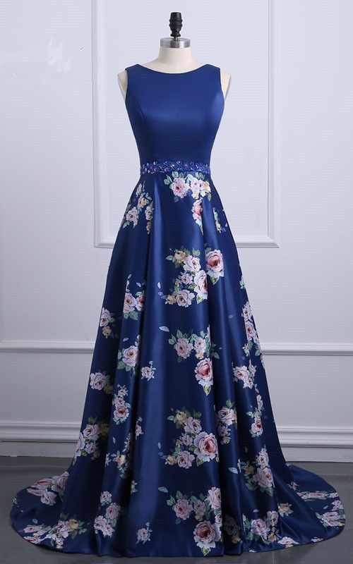 fancy dresses_Navy Floral Print Sleeveless Satin Floor Length A Line Long Prom... - Sexy & Glamorous - image 889 1766219930