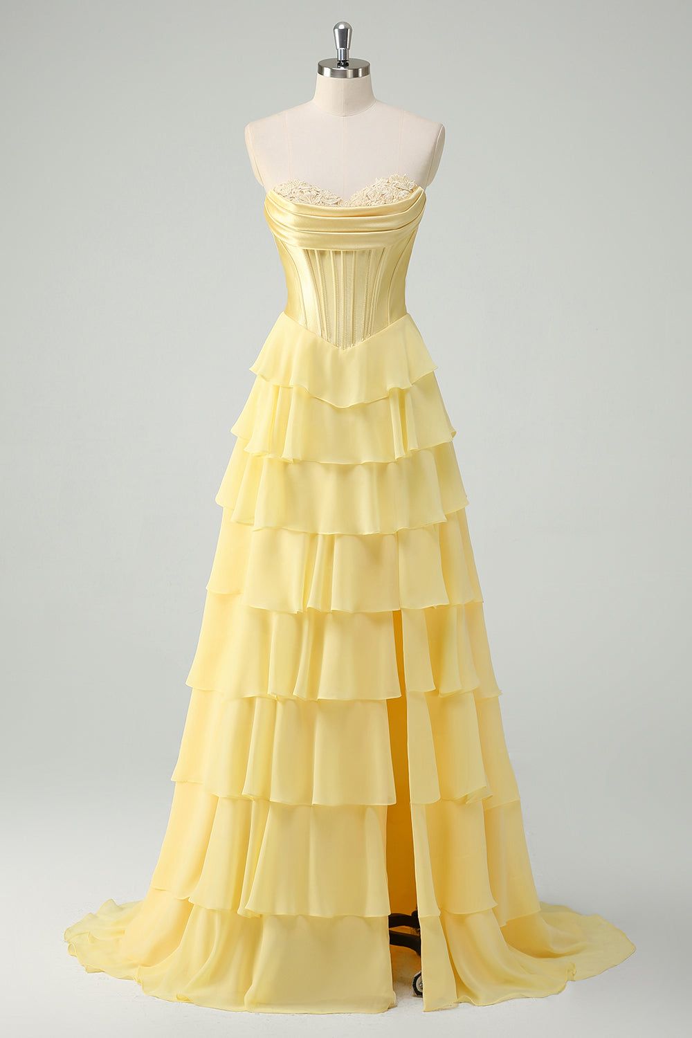 fancy dresses_Yellow A Line Strapless Corset Tiered Long Prom Dress with Slit - Sexy & Glamorous - image 941 1766220067