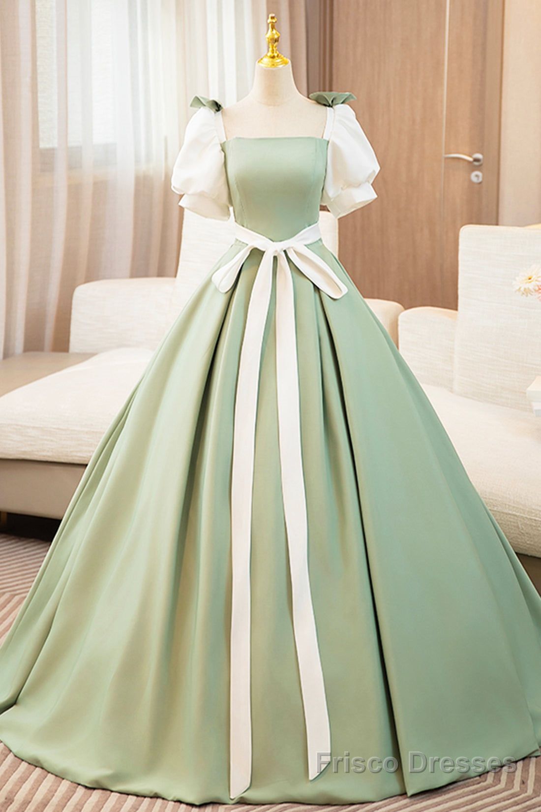 fancy dresses_White and Green Long Prom Dress, Lovely A-Line Short Sleeve Eveni... - Sexy & Glamorous - image 995 1766220197